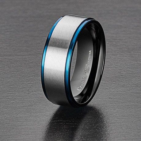 Tri Color Brushed Stainless Steel Grooved Comfort Fit Ring (Size 8)