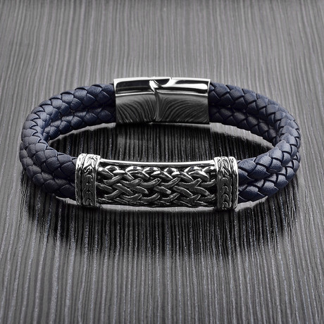 Antiqued Stainless Steel ID Braided Leather Bracelet // Blue