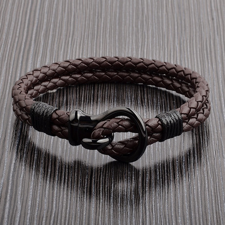 Polished Stainless Steel Hook Clasp Braided Leather Bracelet