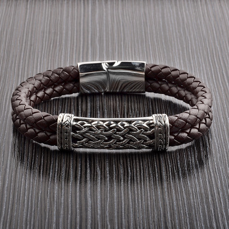 Antiqued Stainless Steel ID Braided Leather Bracelet // Brown