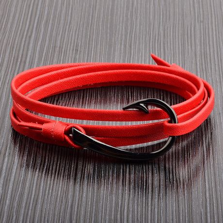 Polished Stainless Steel Hook Clasp Leather Adjustable Wrap Bracelet // Red + Black