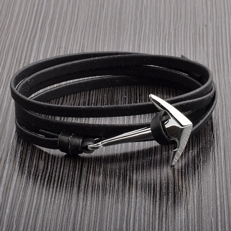 Polished Stainless Steel Anchor Clasp Leather Adjustable Wrap Bracelet // Black + Silver