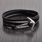 Polished Stainless Steel Anchor Clasp Leather Adjustable Wrap Bracelet // Black + Silver