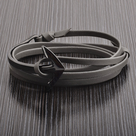 Polished Stainless Steel Anchor Clasp Leather Adjustable Wrap Bracelet // Grey + Black