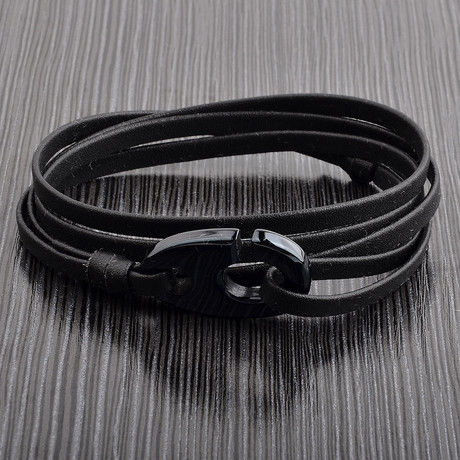 Polished Stainless Steel Hook Clasp Leather Adjustable Wrap Bracelet // Black