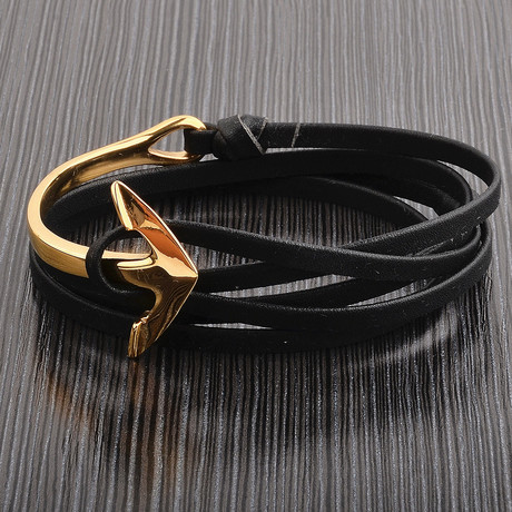 Polished Stainless Steel Anchor Clasp Leather Adjustable Wrap Bracelet  // Black + Gold