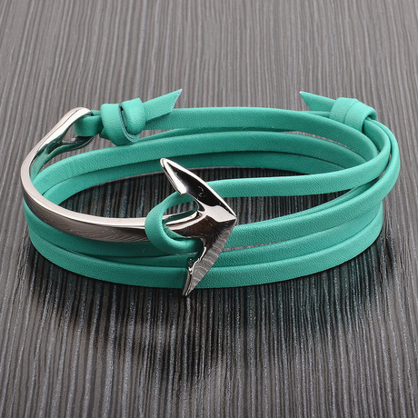 Polished Stainless Steel Anchor Clasp Leather Adjustable Wrap Bracelet // Turquoise + Silver