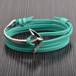 Polished Stainless Steel Anchor Clasp Leather Adjustable Wrap Bracelet // Turquoise + Silver