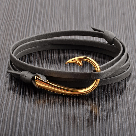Polished Stainless Steel Hook Clasp Leather Adjustable Wrap Bracelet // Grey + Gold