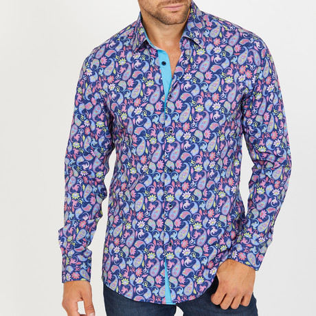 Roger Long-Sleeve Button-Up Shirt // Blue + Pink (S)