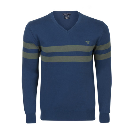 Double Stripe V-Neck Sweater // Blue + Green (S)