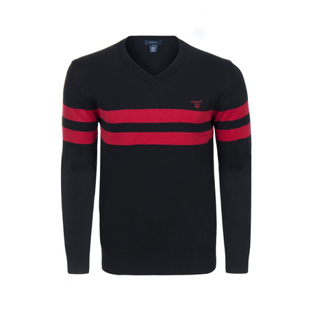 Gant Double Stripe V-Neck Sweater // Black + Red (S)