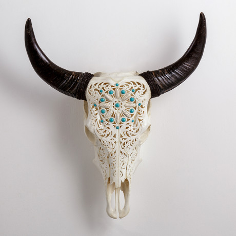 Carved Cow Skull // XL Horns // Turquoise Dreaming