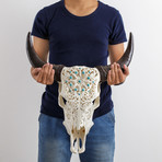 Carved Cow Skull // XL Horns // Turquoise Dreaming
