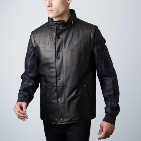 Convertible Sleeve Leather Vest Jacket // Black + Midnight (Euro: 46)
