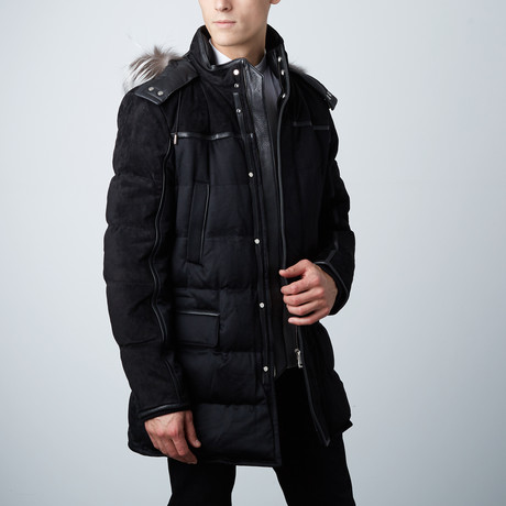 Fur + Leather Trimmed Puffer Coat // Black + Gray (Euro: 46)