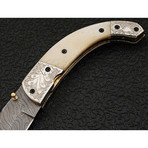 Engraved Damascus Folding Pocket Knife // Bone