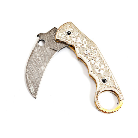 Damascus Karambit Folding Knife // Brass Handle