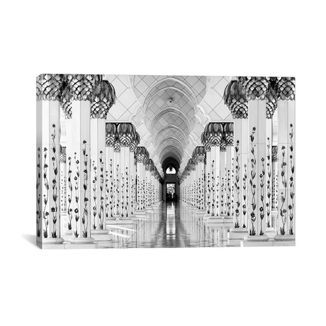 Colonnade in B&W, Sheik Zayed Grand Mosque, Abu Dhabi, U.A.E // Hans-Wolfgang Hawerkamp (26"W x 18"H x .75"D)
