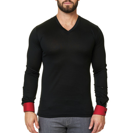 V-Neck Solid Dress Shirt // Black (S)