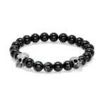 Steel Double Skull + Onyx Beaded Bracelet // Black + Silver