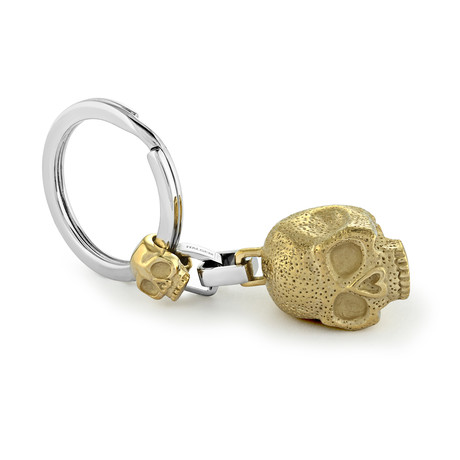 Steel Matte Gold Plated Double Skull Keychain // Gold + Silver