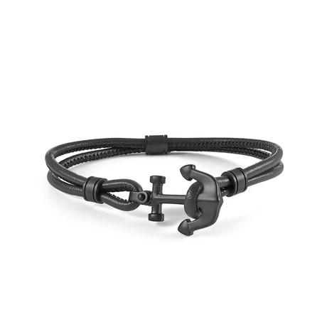Matte Steel Anchor Leather Bracelet // Black