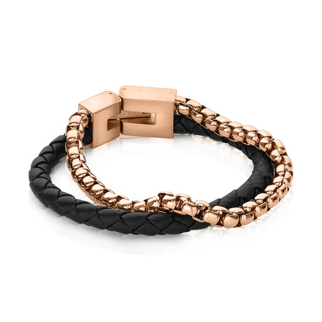 Round Box Link Leather Bracelet // Black + Gold