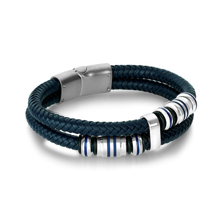 Double Row Beads Leather Bracelet // Blue