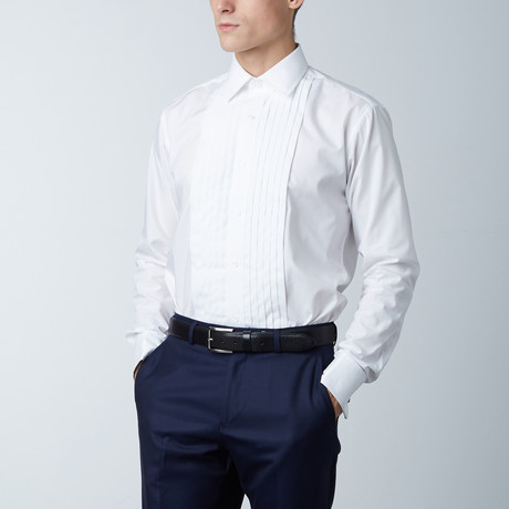 Pleated Laydown Collar Shirt // White (US: 14.5S)