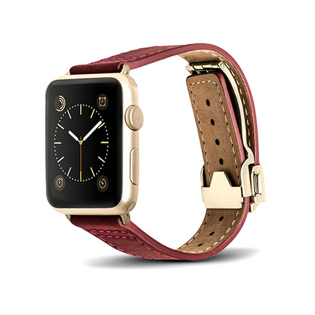 Red Leather Deployant Band // 42mm (Rose Gold Aluminum)