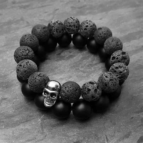 Lava + Stainless Steel Skull + Matte Onyx Bracelets // Set of Two