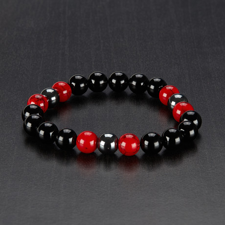 Red Turquoise + Onyx + Hematite Polished Bead Stretch Bracelet