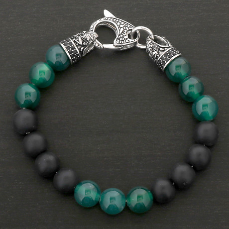Stainless Steel Matte Onyx + Agate Dragon Clasp Beaded Bracelet