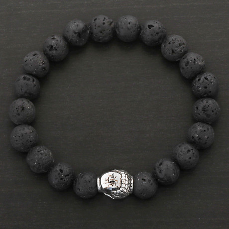 Stainless Steel Polished Buddha Black Lava Stone Beaded Stretch Bracelet