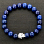 Stainless Steel Polished Buddha Blue Agate Beaded Stretch Bracelet