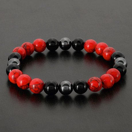 Stainless Steel Polished Hematite + Red Dyed Bead Stretch Bracelet