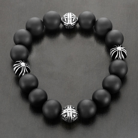 Two-Tone Stainless Steel Black Matte Onyx Bead Stretch Bracelet