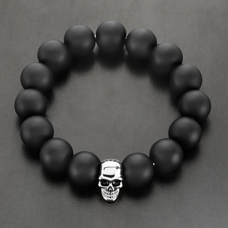 Matte Onyx + Stainless Steel Skull Stretch Bracelet