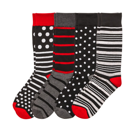 Dots + Stripes Sock // Black + White + Red // Pack Of 4
