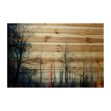 Deserted Night Forest Painting Print // Natural Pine Wood (18"W x 12"H x 1.5"D)