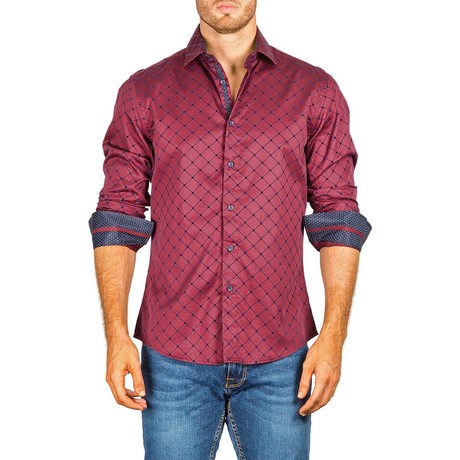Long-Sleeve Button-Down Squares Shirt // Burgundy (XS)