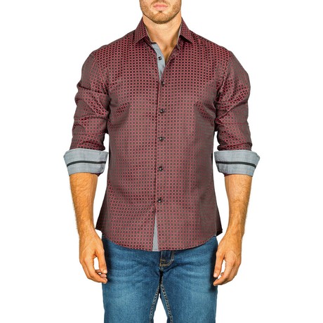 Long-Sleeve Button-Down Medium Grid Shirt // Burgundy (XS)