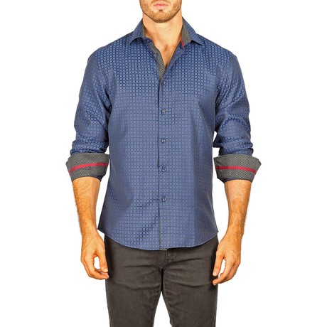 Long-Sleeve Button-Down Medium Grid Shirt // Navy (XS)