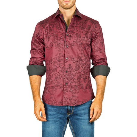 Long-Sleeve Button-Down Paisley Dotted Lines Shirt // Burgundy (XS)