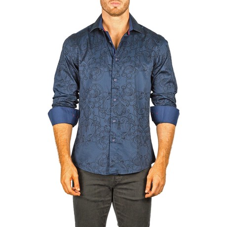 Long-Sleeve Button-Down Paisley Dotted Lines Shirt // Navy (XS)