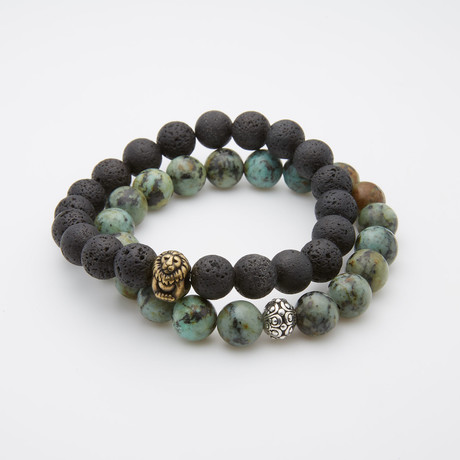 Beaded Stretch Bracelets // African Turquoise + Lava Stones // Set of 2 (Small - 7.5")
