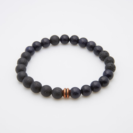 Beaded Stretch Bracelet // Lava + Blue Goldstone With Copper Grooves (Small - 7.5")