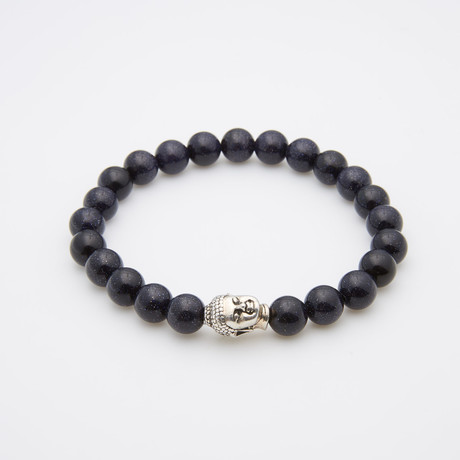 Beaded Stretch Bracelet // Blue Goldstone + Silver Buddha (Small - 7.5")