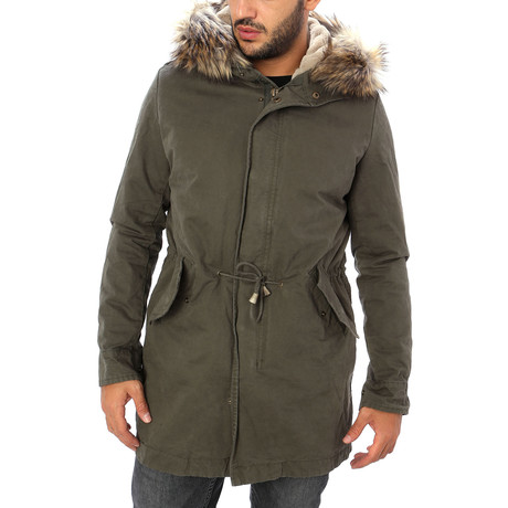 Fur Hooded Parka Jacket // Army (S)